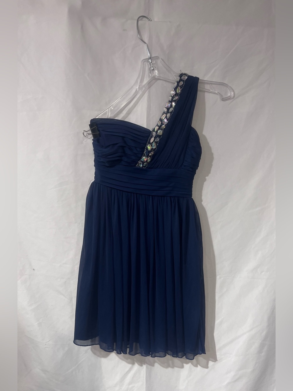 One-Shoulder Navy Cocktail Dress with Jeweled Strap
